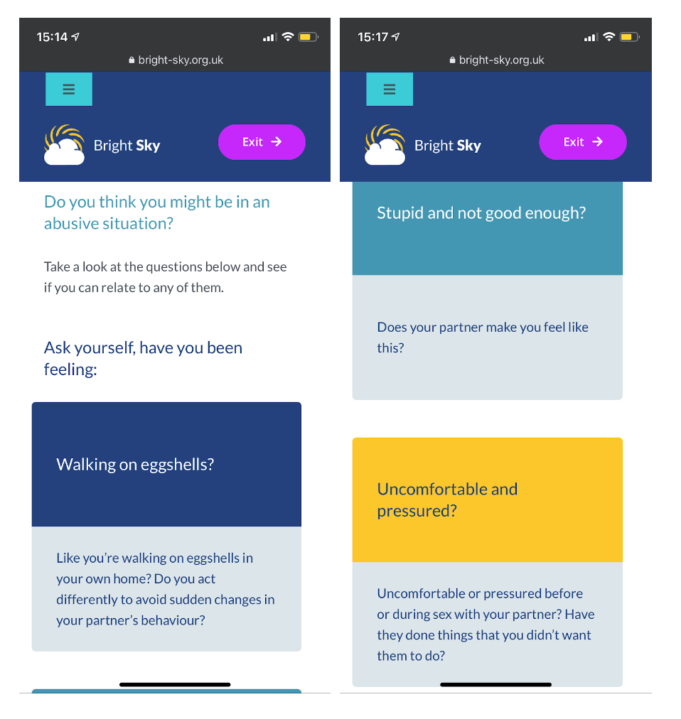 2 screenshots of the new site on mobile. It has questions like "Do you feel like you're walking on eggshells?" and "Stupid and not good enough?"